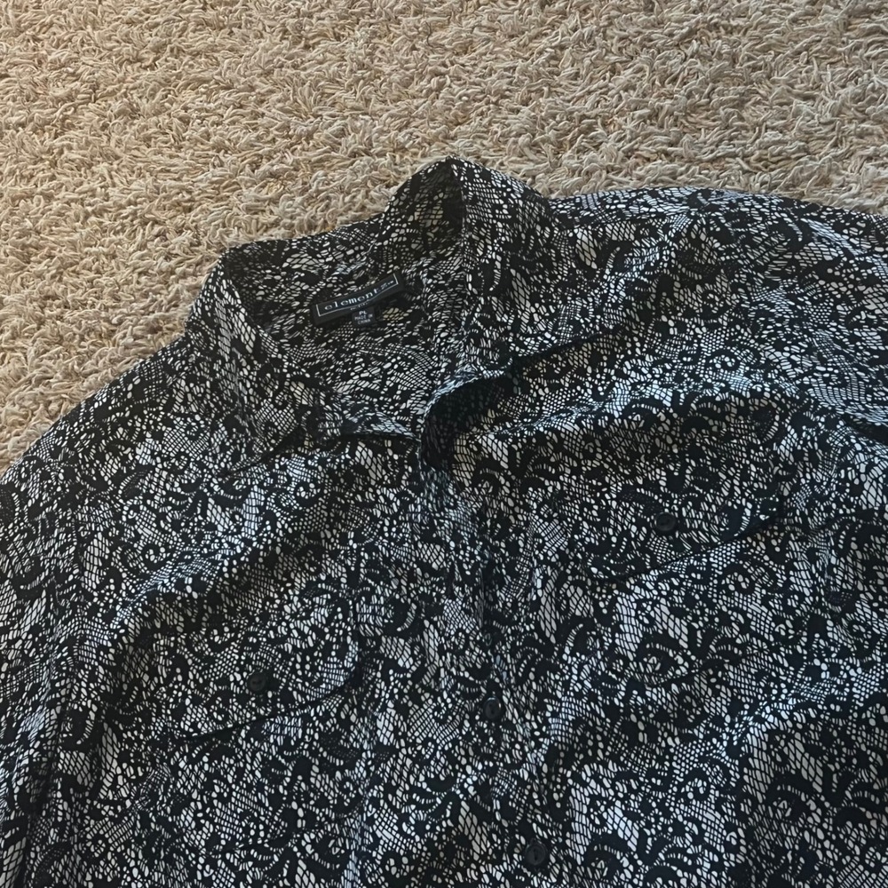Elementz Petite Black White Lace Print Button Front Blouse Top PL Petite Large